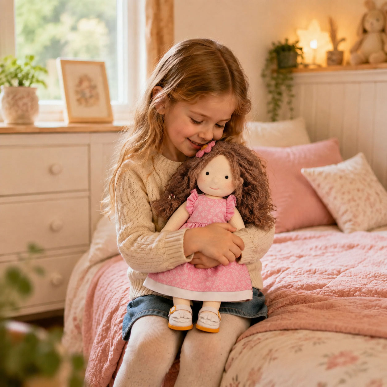  BlissfulPixie 12" Waldorf Doll Amy, Handmade Soft Rag Doll for Girls with DIY Hair Styling Kit, 4 Color Hair Set, Teddy Bear, Makeup Tools & Gift Box Set, Creative Birthday Christmas Gift