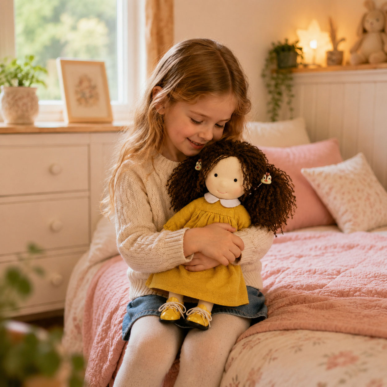 BlissfulPixie 12" Waldorf Doll Inka , Handmade Soft Rag Doll for Girls with DIY Hair Styling Kit, 4 Color Hair Set, Teddy Bear, Makeup Tools & Gift Box Set, Creative Birthday Christmas Gift
