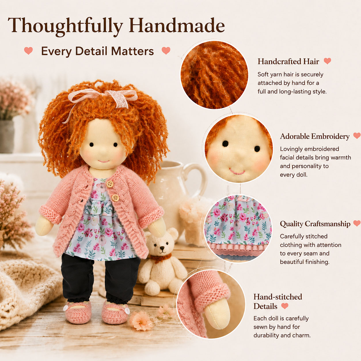   BlissfulPixie 12" Waldorf Doll Elsee, Handmade Soft Rag Doll for Girls with DIY Hair Styling Kit, 4 Color Hair Set, Teddy Bear, Makeup Tools & Gift Box Set, Creative Birthday Christmas Gift