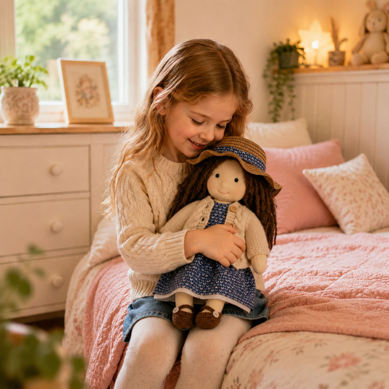   BlissfulPixie 12" Waldorf Doll Basia, Handmade Soft Rag Doll for Girls with DIY Hair Styling Kit, 4 Color Hair Set, Teddy Bear, Makeup Tools & Gift Box Set, Creative Birthday Christmas Gift
