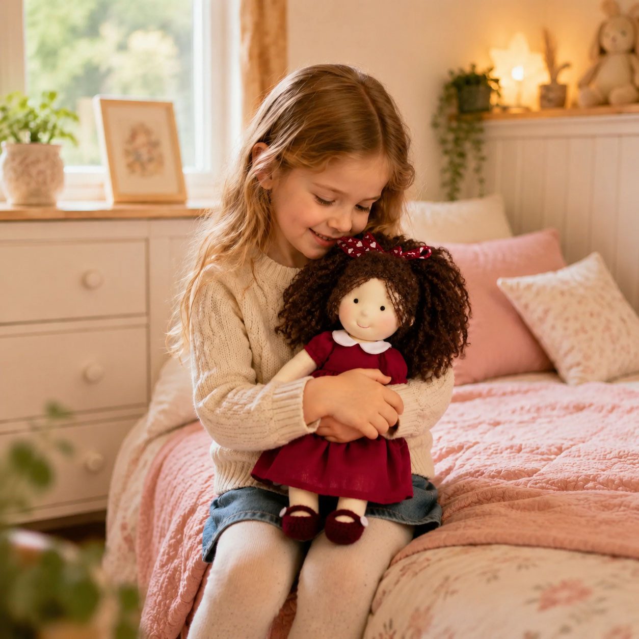  BlissfulPixie 12" Waldorf Doll Eleanor, Handmade Soft Rag Doll for Girls with DIY Hair Styling Kit, 4 Color Hair Set, Teddy Bear, Makeup Tools & Gift Box Set, Creative Birthday Christmas Gift