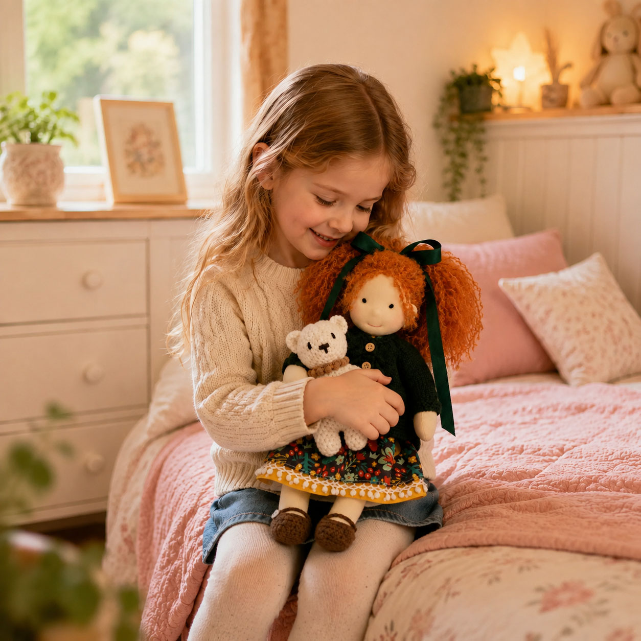 BlissfulPixie 12" Waldorf Doll Hanne, Handmade Soft Rag Doll for Girls with DIY Hair Styling Kit, 4 Color Hair Set, Teddy Bear, Makeup Tools & Gift Box Set, Creative Birthday Christmas Gift