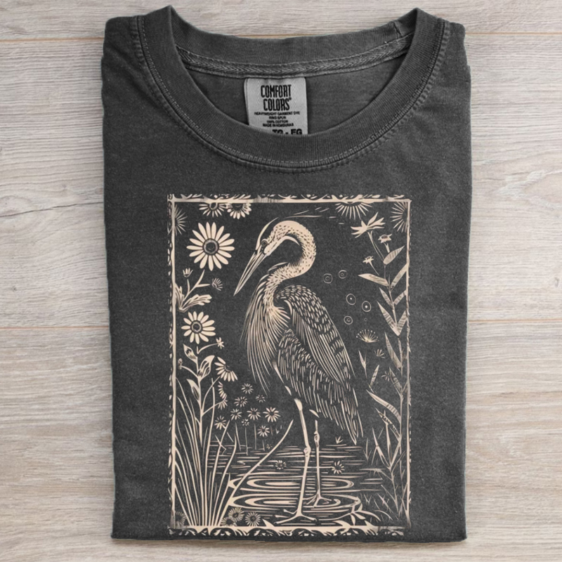 Great Blue Heron Block Print Unisex Comfort Colors T-Shirt