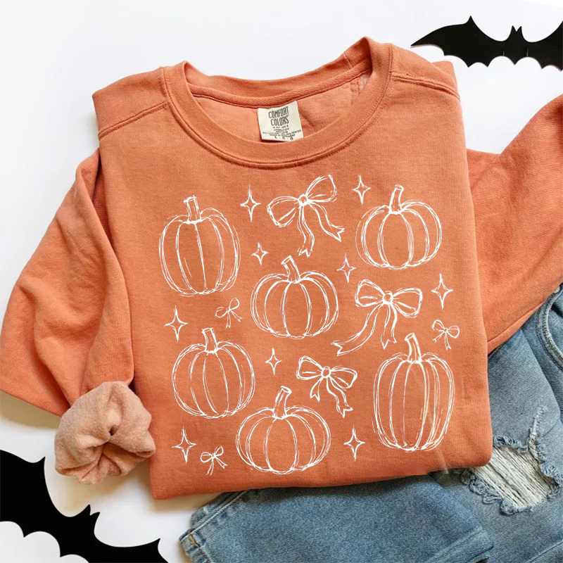 Fall Vibes Pumpkins and Bows Cute Retro Graphic Sweatshirt