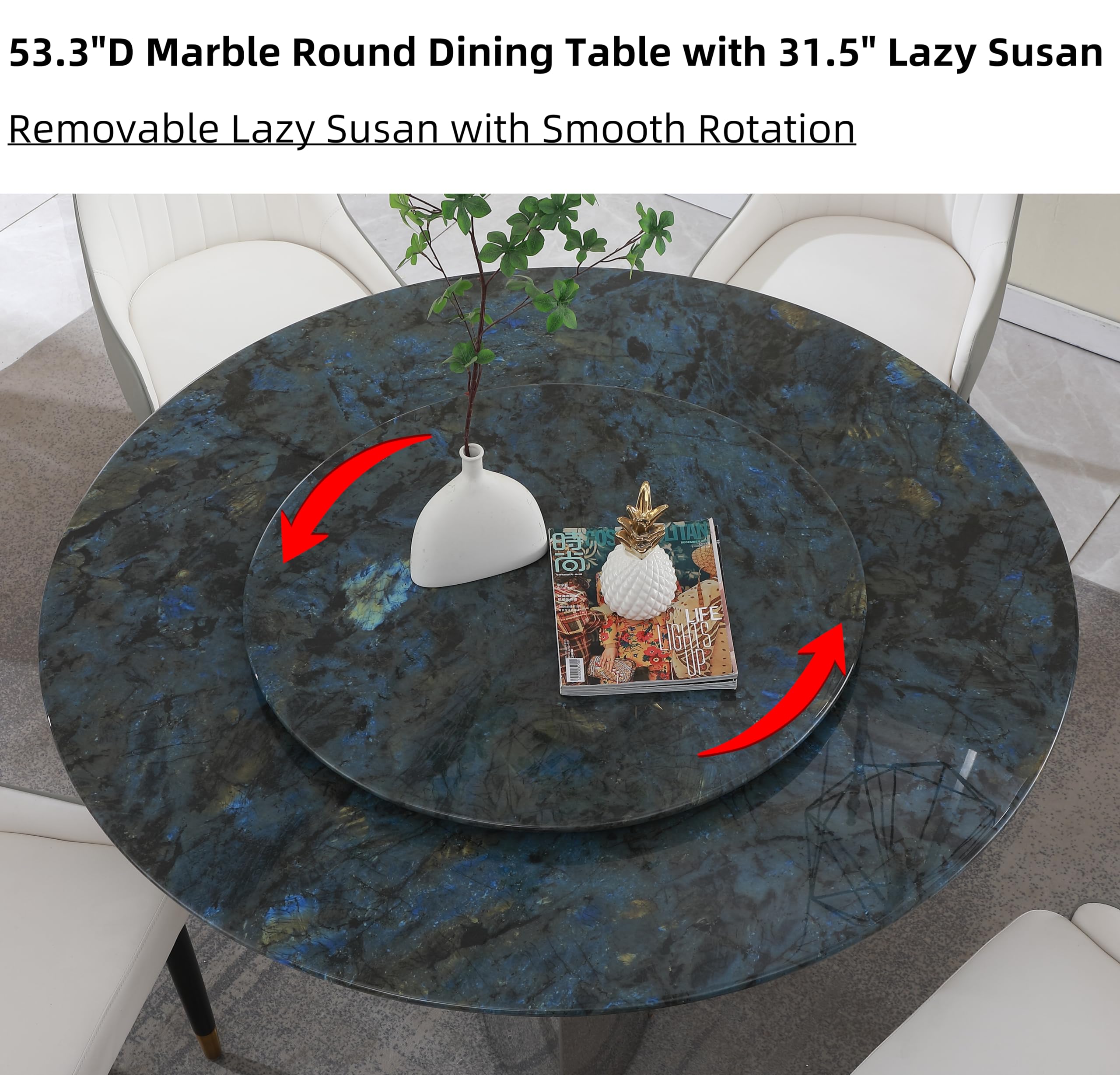 Montary 53.3"Modern Sintered Stone Dining Table Set with 6 PCS Chairs with 31.5" Round Turntable and Metal Exquisite Pedestal