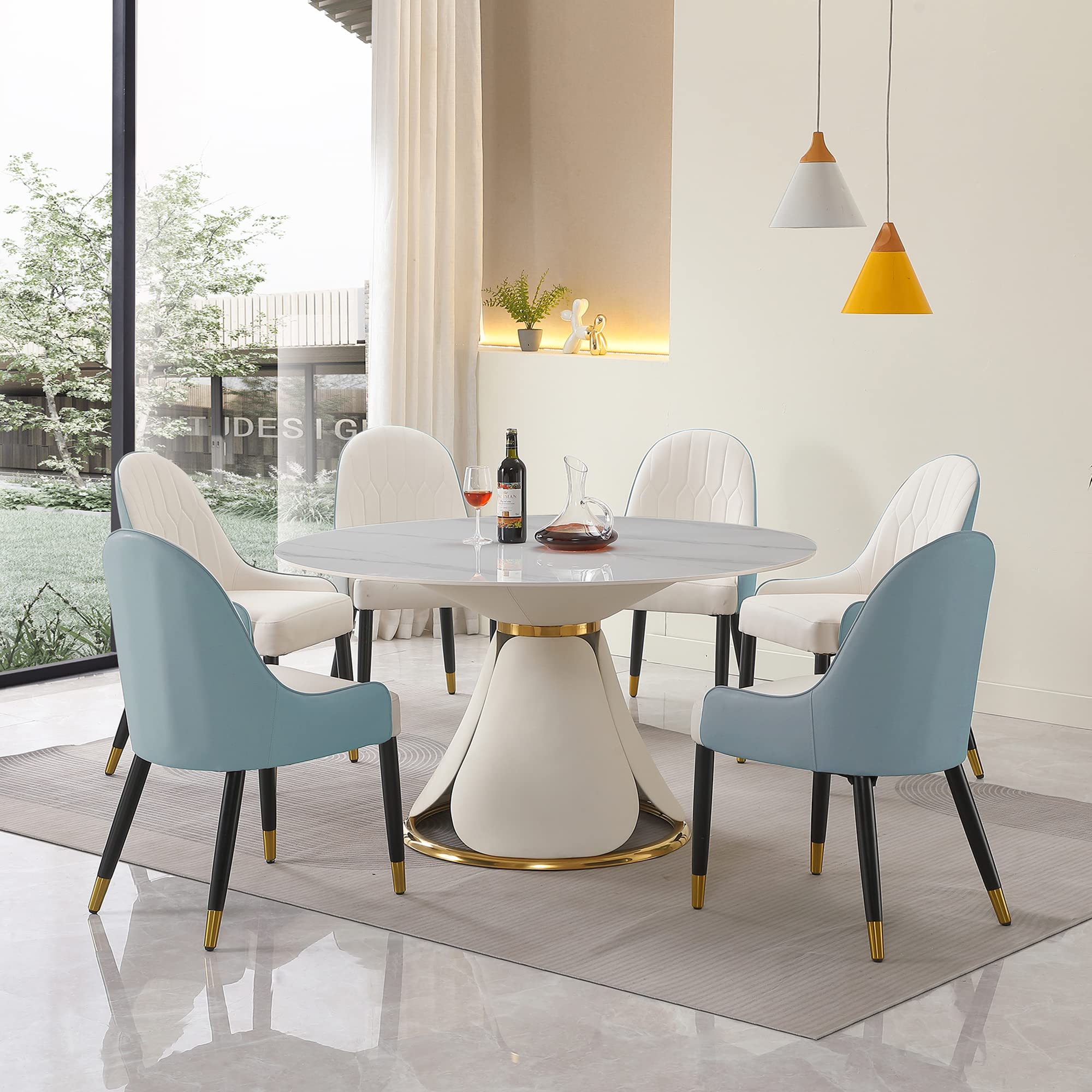 Montary® 53“ Modern Sintered Stone Round Dining Table with Stainless Steel Base with 6 Pcs Blue Chairs
