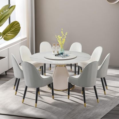Montary® 59.05" with 31.5" Round Turntable Modern Sintered Stone Wood and Kinzie Pedestal Dining Table Set for 8 Gray Chairs