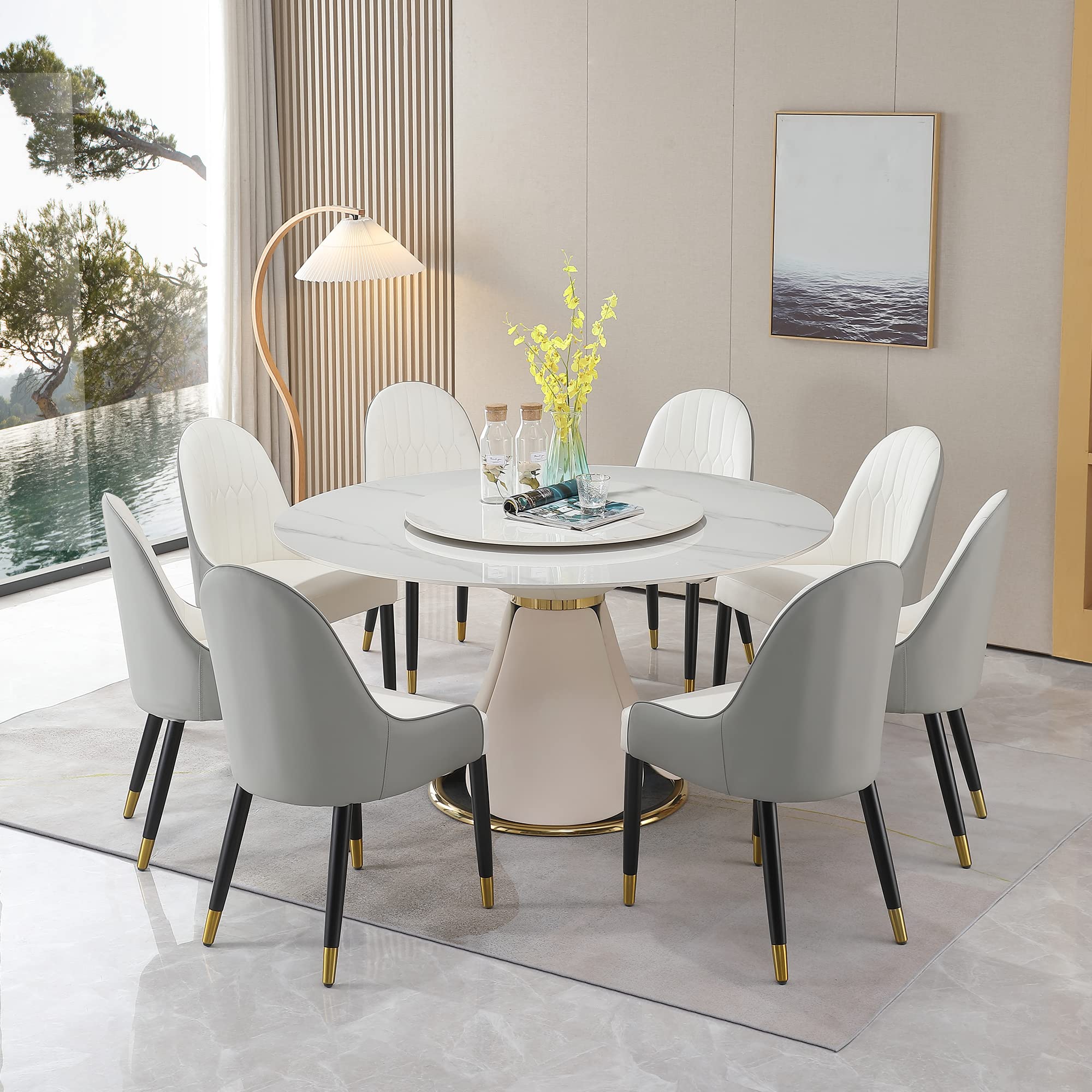 Montary® 59.05" with 31.5" Round Turntable Modern Sintered Stone Wood and Kinzie Pedestal Dining Table Set for 8 Gray Chairs