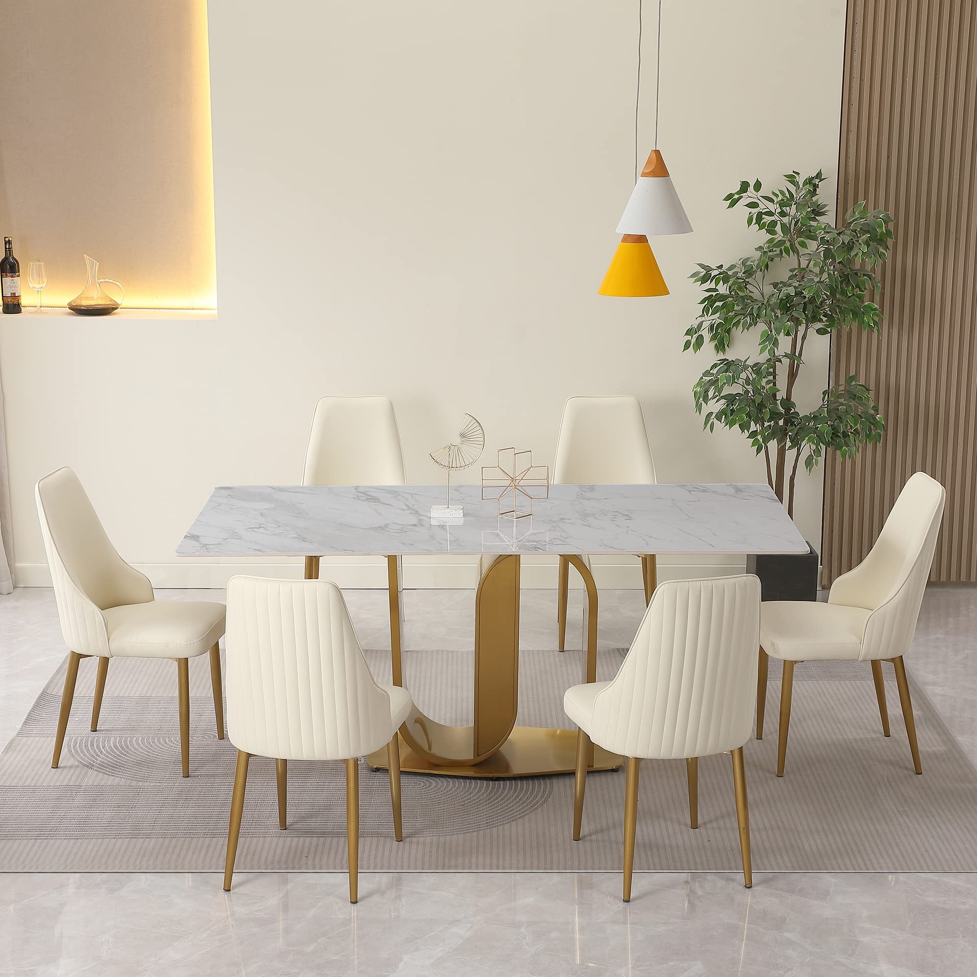 Montary® 71" Gold U-Shaped Sintered Stone Table Top Dining Table Set for 6 White Chairs