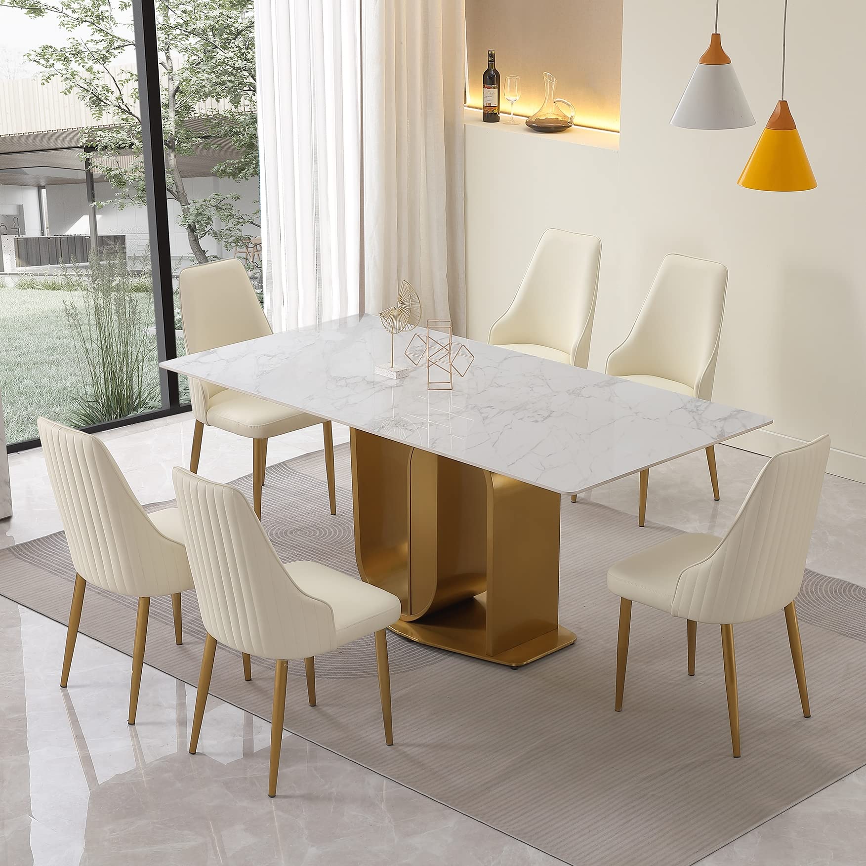 Montary® 71" Gold U-Shaped Sintered Stone Table Top Dining Table Set for 6 White Chairs