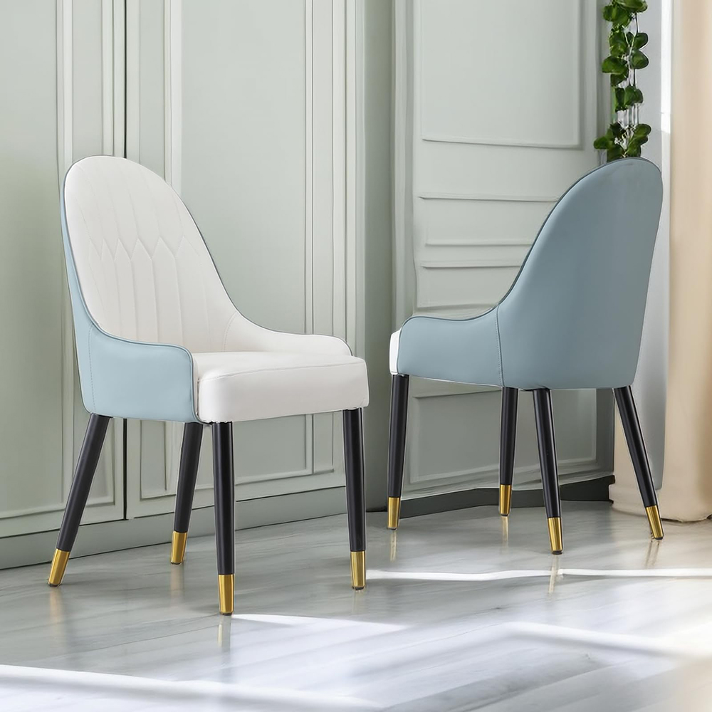 Montary® Dining Chair with PU Leather White Blue Solid Wood Metal Legs (Set of 2)