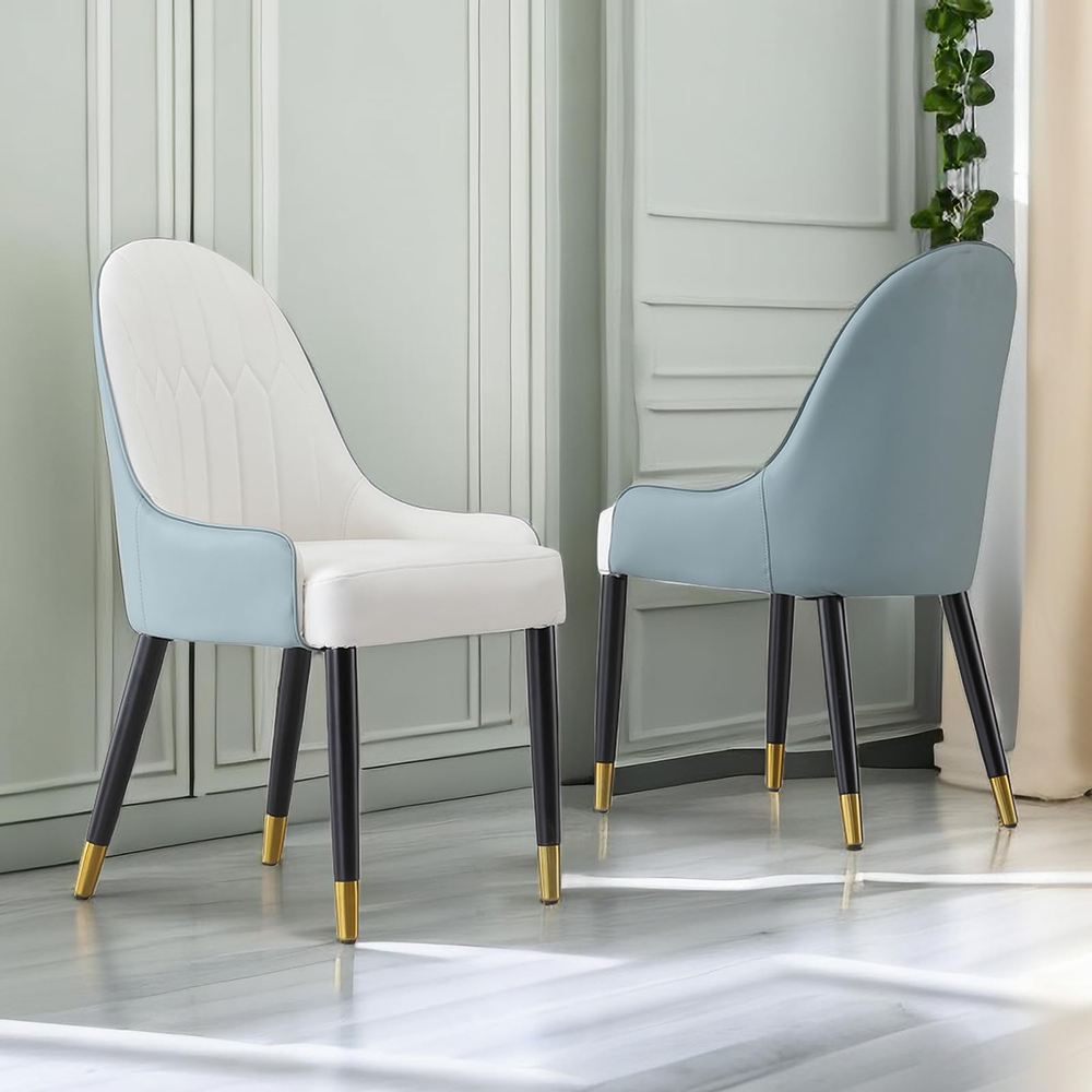 Montary® Dining Chair with PU Leather White Blu Solid Wood Metal Legs