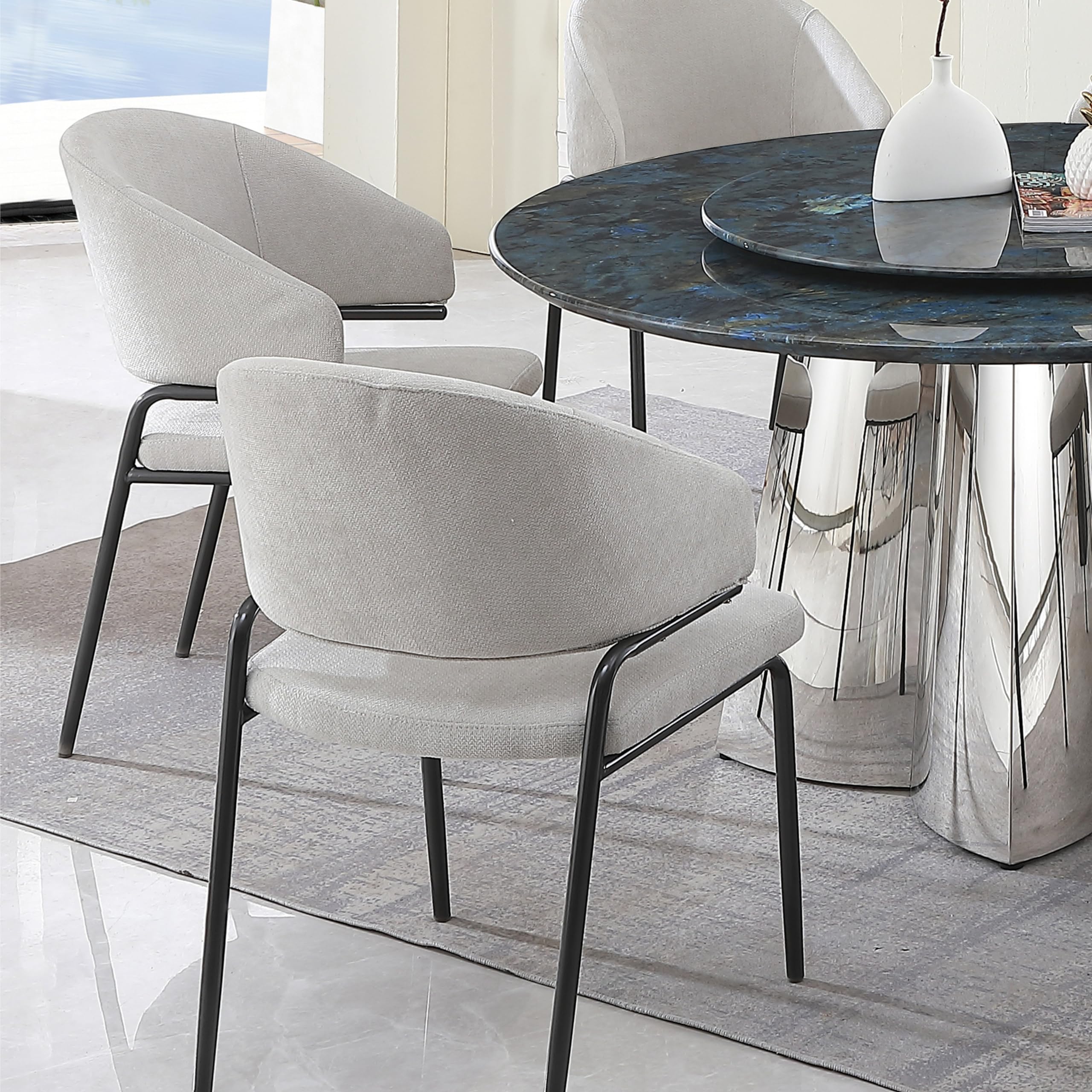 Montary 53.3" with 31.5" Round Turntable Metal Pedestal Sintered Stone Dining Table Set with 6 Pcs Fabric Chairs