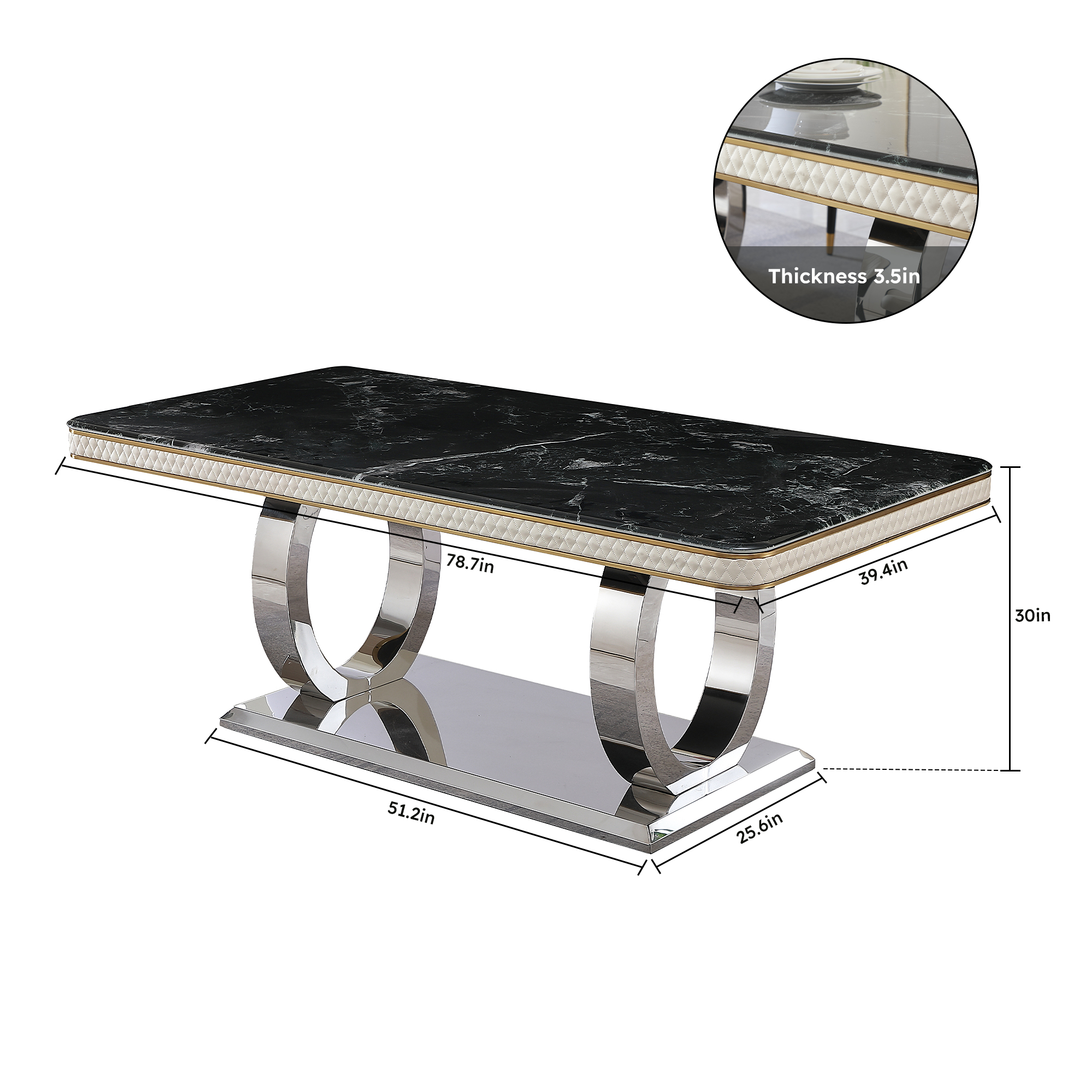 Montary  78.7" Black Luxury Modern Dining Table Faux Marble Dining Table Top with Dual Circle Base