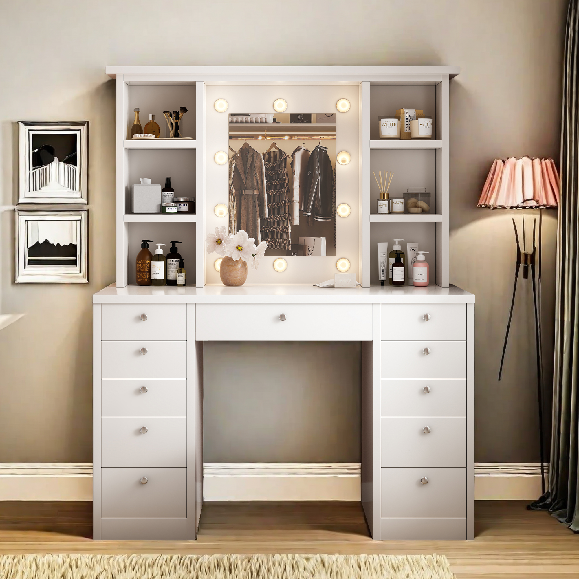 Montary White dressing table with 3-color adjustable makeup mirror & 11 drawers