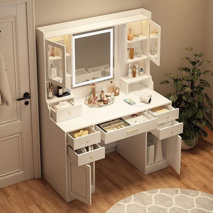 Montary White makeup dresser with mirror, 6 drawers, 2 cabinets and stool