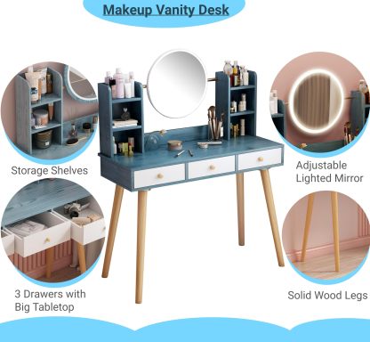 Montary Vanity Desk with Mirror and Light Dressing Table with Makeup Vanity Mirror and 3 Color Lighting