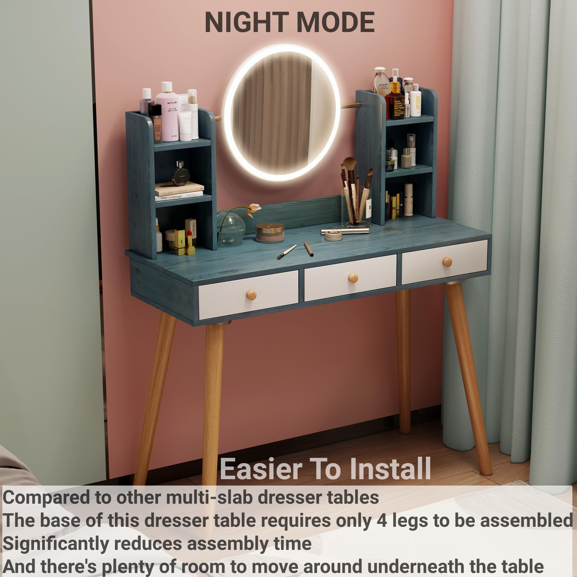 Dressing Table with Tri-Fold Mirror, Makeup Table with 2 Drawers and 3