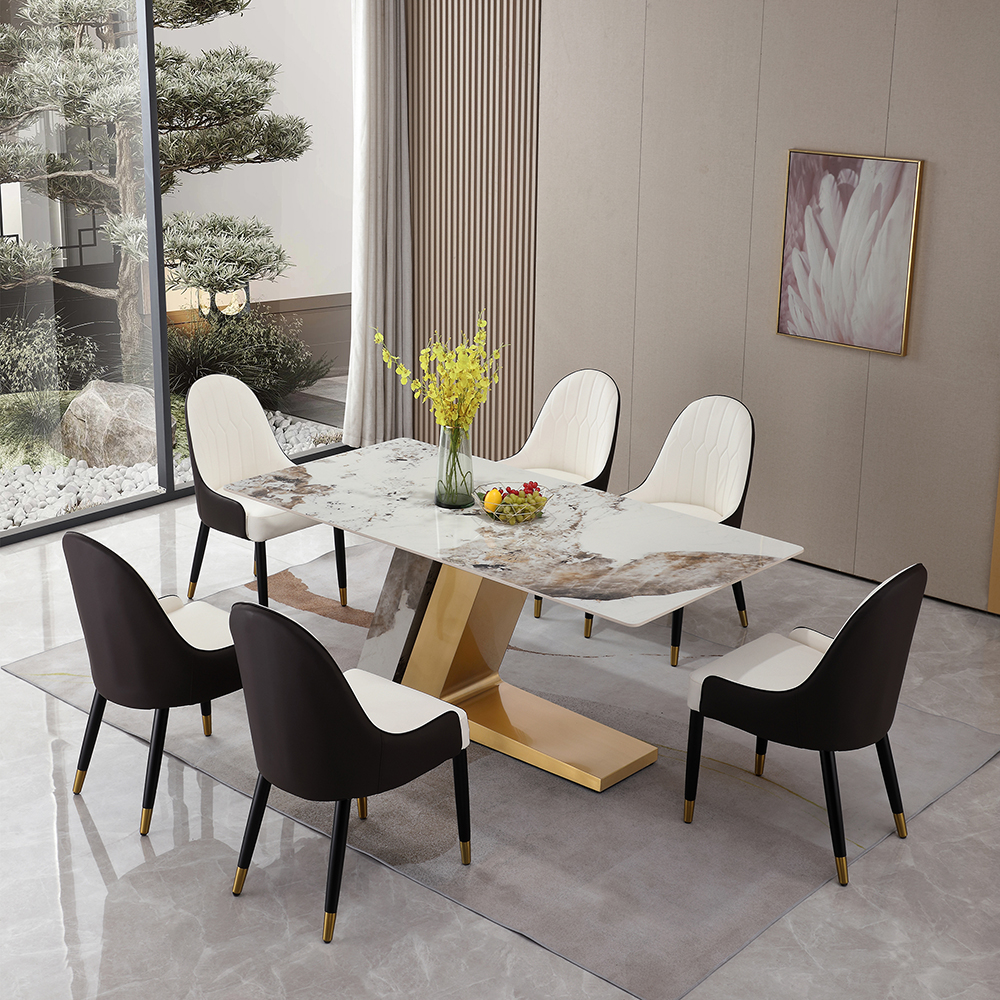 Montary® 71" Sintered Stone Z Shape Dining Table Set for 6 Chairs