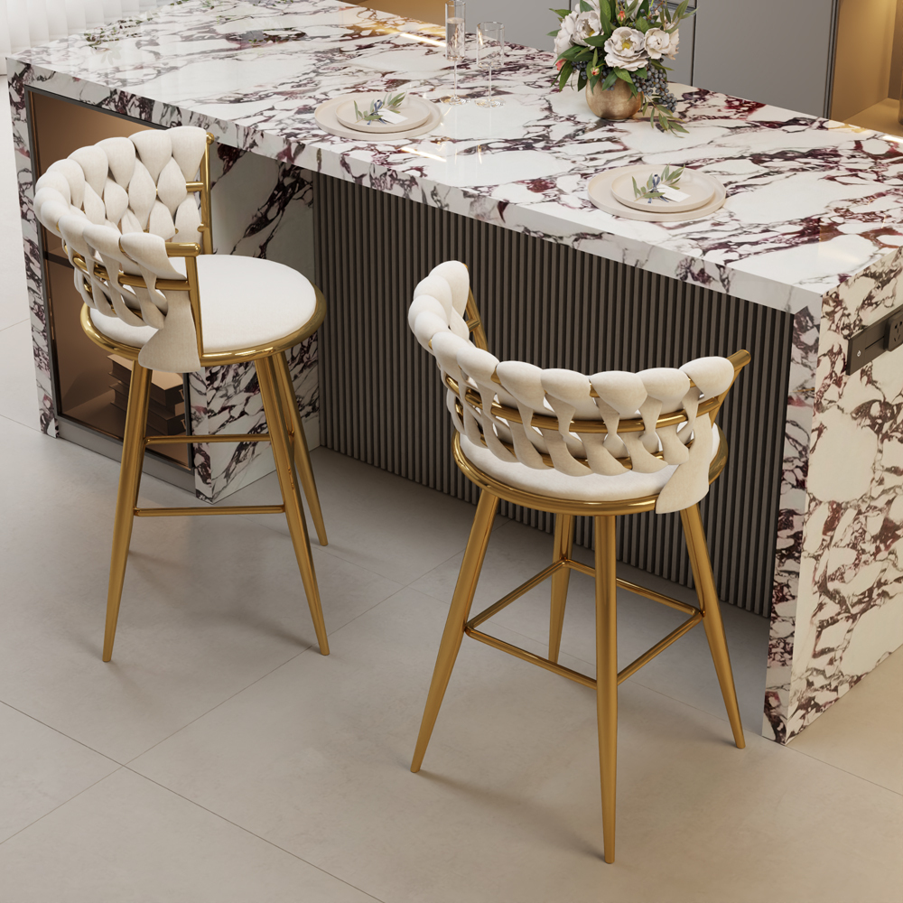 Montary Gold Bar Chairs Set of 2, Counter Height Bar Stools with Low Back, for Kitchen Island, Bar Pub (Beige Gold Foot )