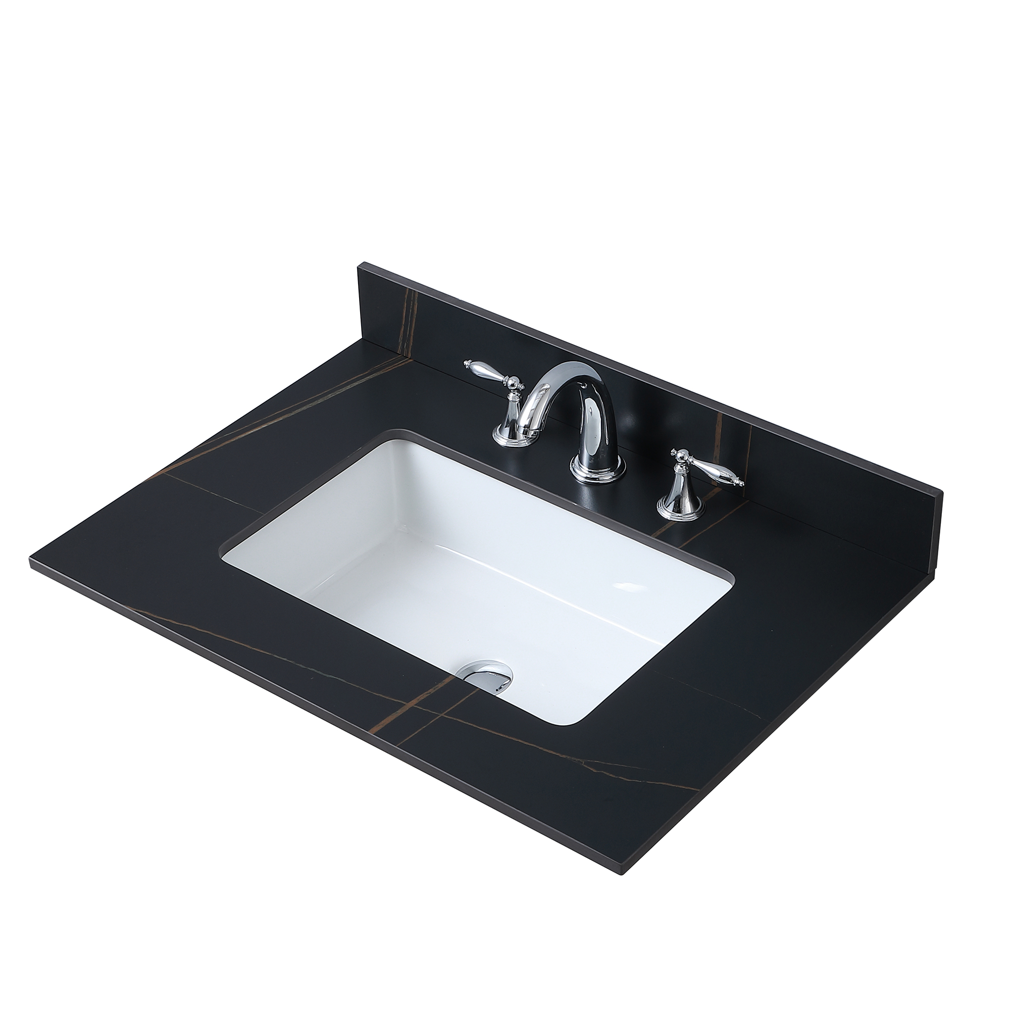Montary 31" Sintered Stone Bathroom Vanity Top in Black Gold Color with Undermount Ceramic Sink and Three Faucet Hole with Backsplash