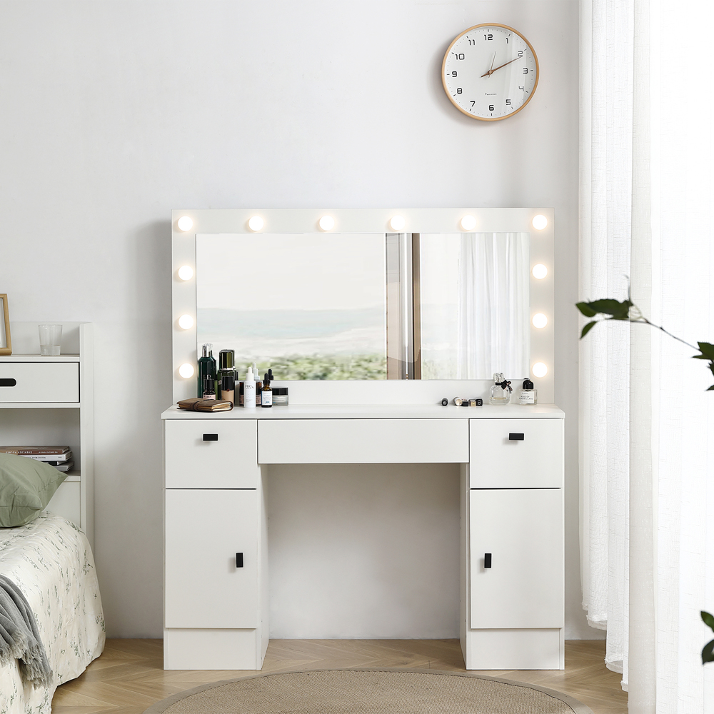 Montary Vanity Table with Lighted Mirror, Vanity Desk with 3 Drawers and Storage Cabinet,3 Color Lighting Modes Adjustable Brightness