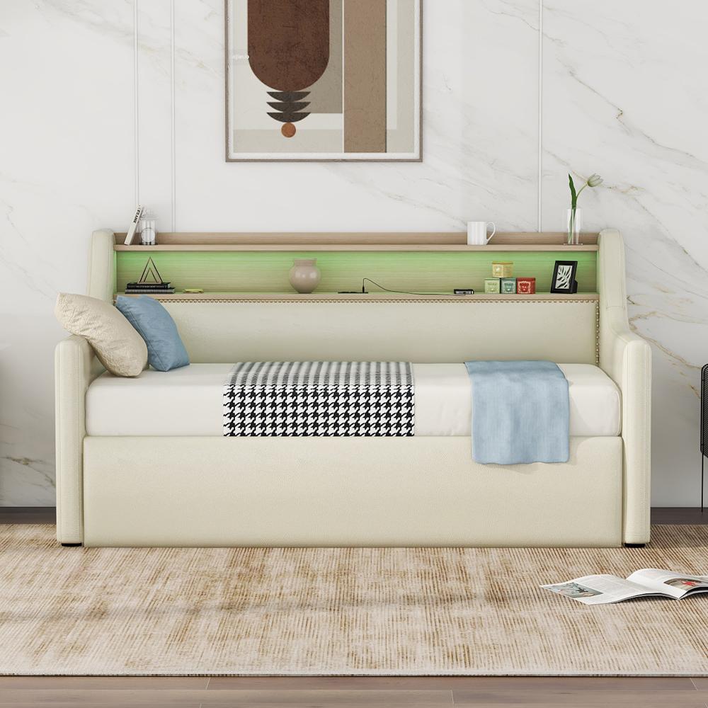 Montary Twin Size Daybed with Hydraulic Storage, Upholstered Daybed with Lift Up Storage, Twin Leather Daybed with Charging Station and LED Lights,Beige