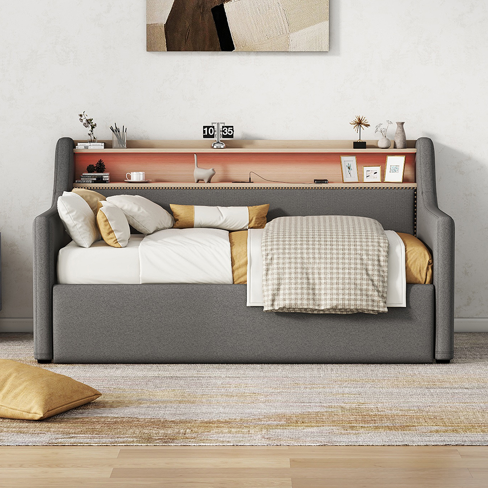 Montary Twin Sofa with Storage, Charging Station and LED Lights