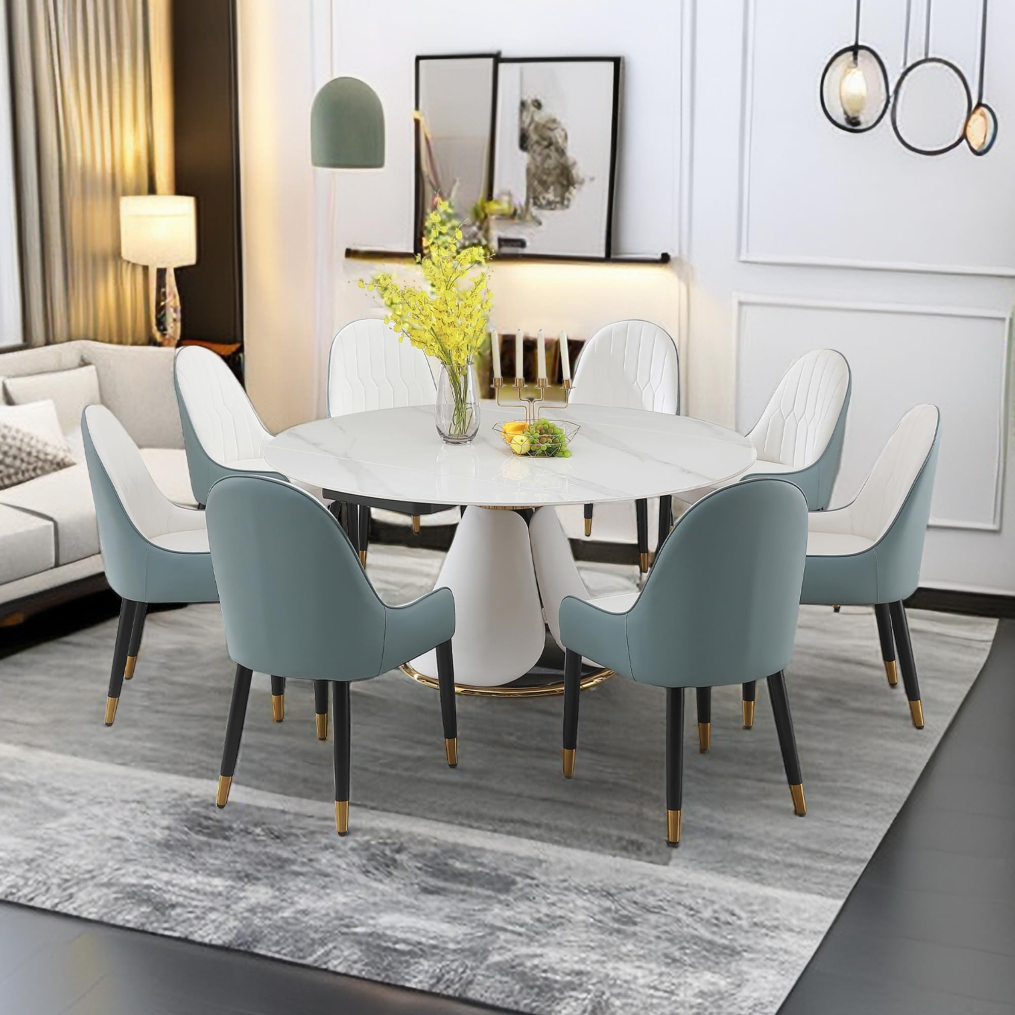 Montary Stylish Modern Sintered Stone Dining Table Multifunctional Simple Extending Dining Table Set of 6 PCS Blue Chairs
