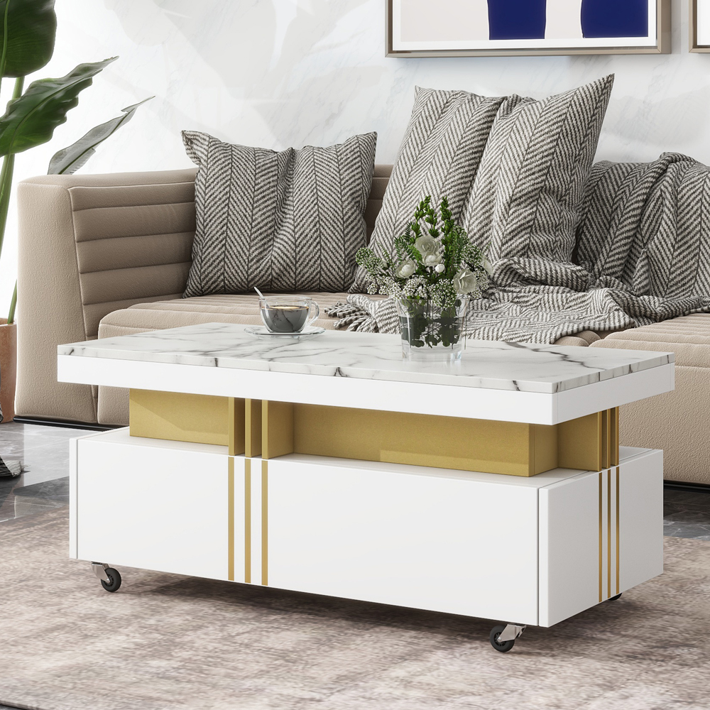 Montary Moderate Luxury Center Table Rectangle Cocktail Table Coffee Table with Faux Marble Top