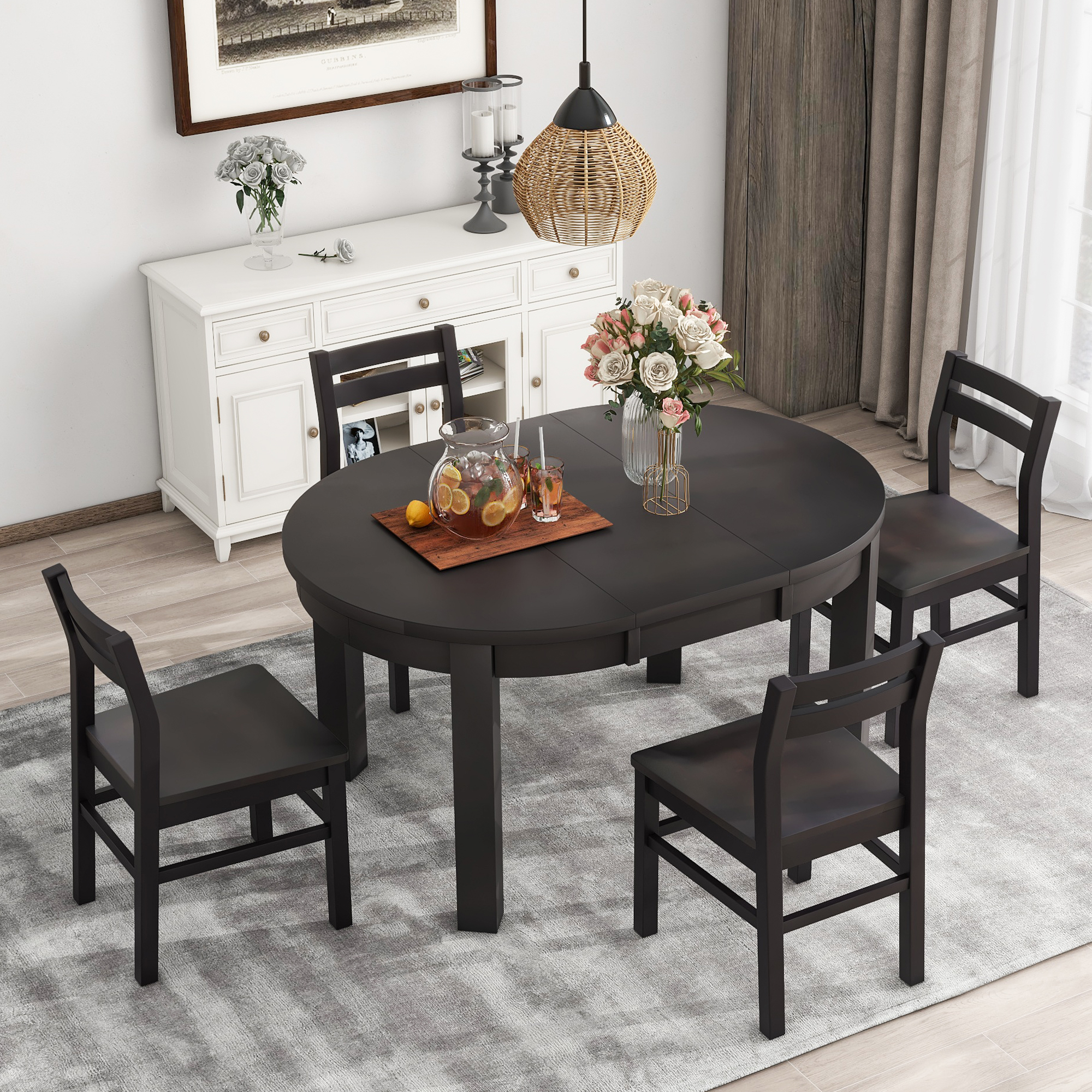 Montary Farmhouse 5-Piece Extendable Round Dining Table Set with 4 Dining Chairs
