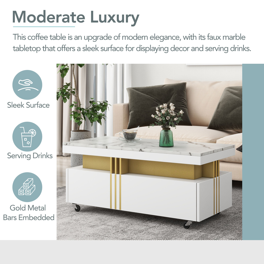 Montary Moderate Luxury Center Table Rectangle Cocktail Table Coffee Table with Faux Marble Top