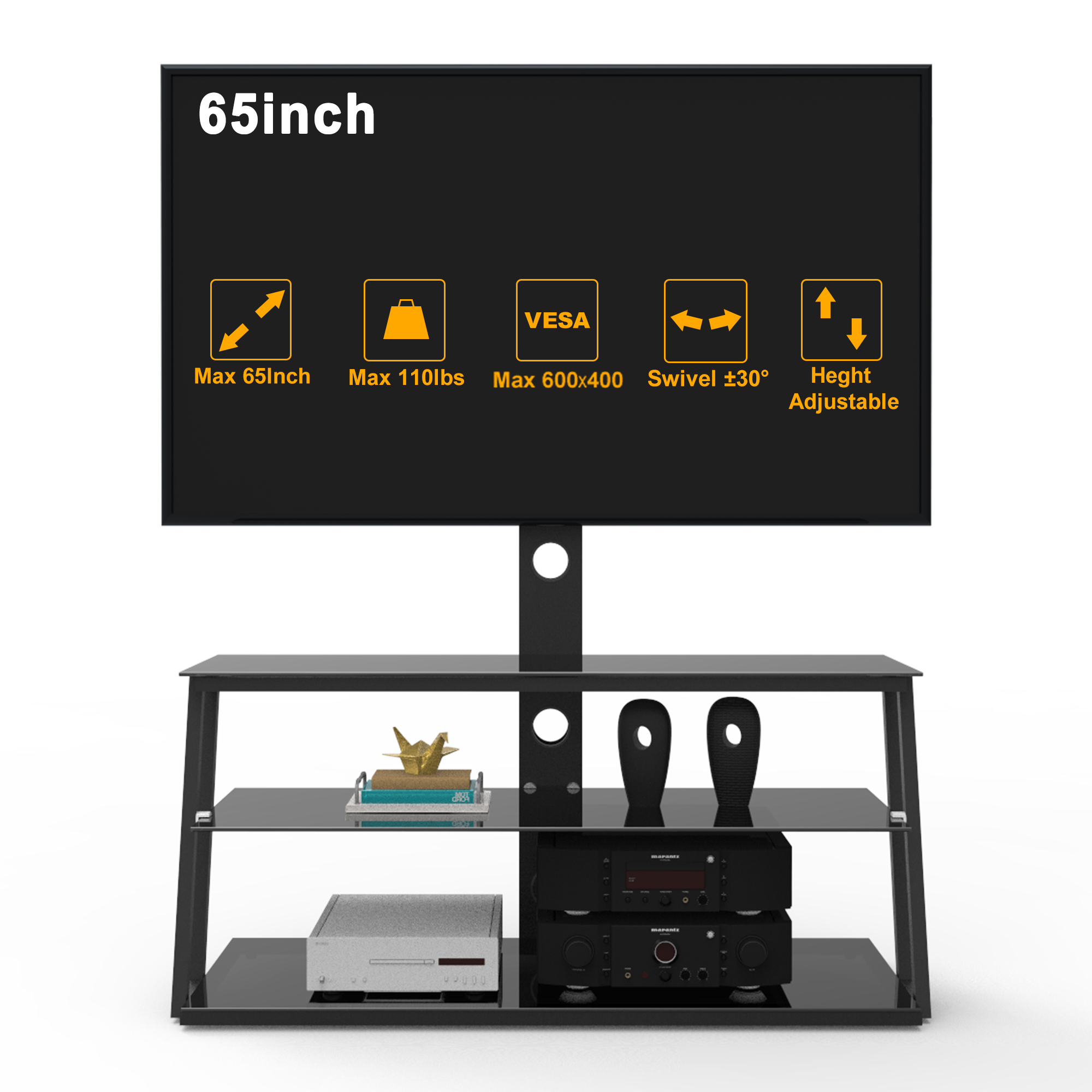 Montary Black Multi-Function Tempered Glass TV Stand - Angle and Height Adjustable