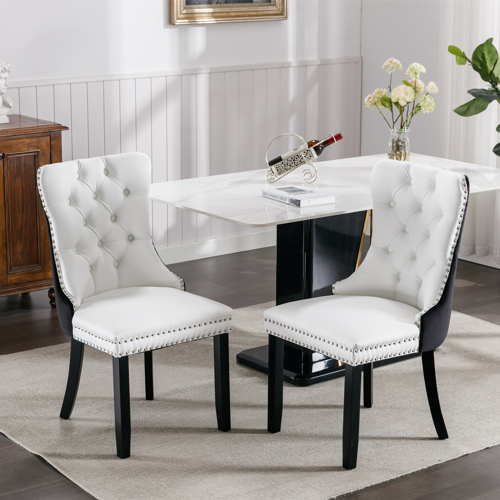 Montary Modern Tufted Solid Wood Contemporary PU and Velvet Upholstered Dining Chair with Wood Legs Nailhead Trim Set of 2