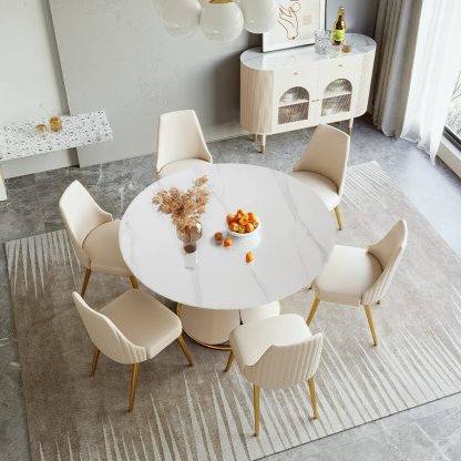 Montary® 53“ Modern Sintered Stone Round Dining Table with Stainless Steel Base with 6 Pcs White Chairs