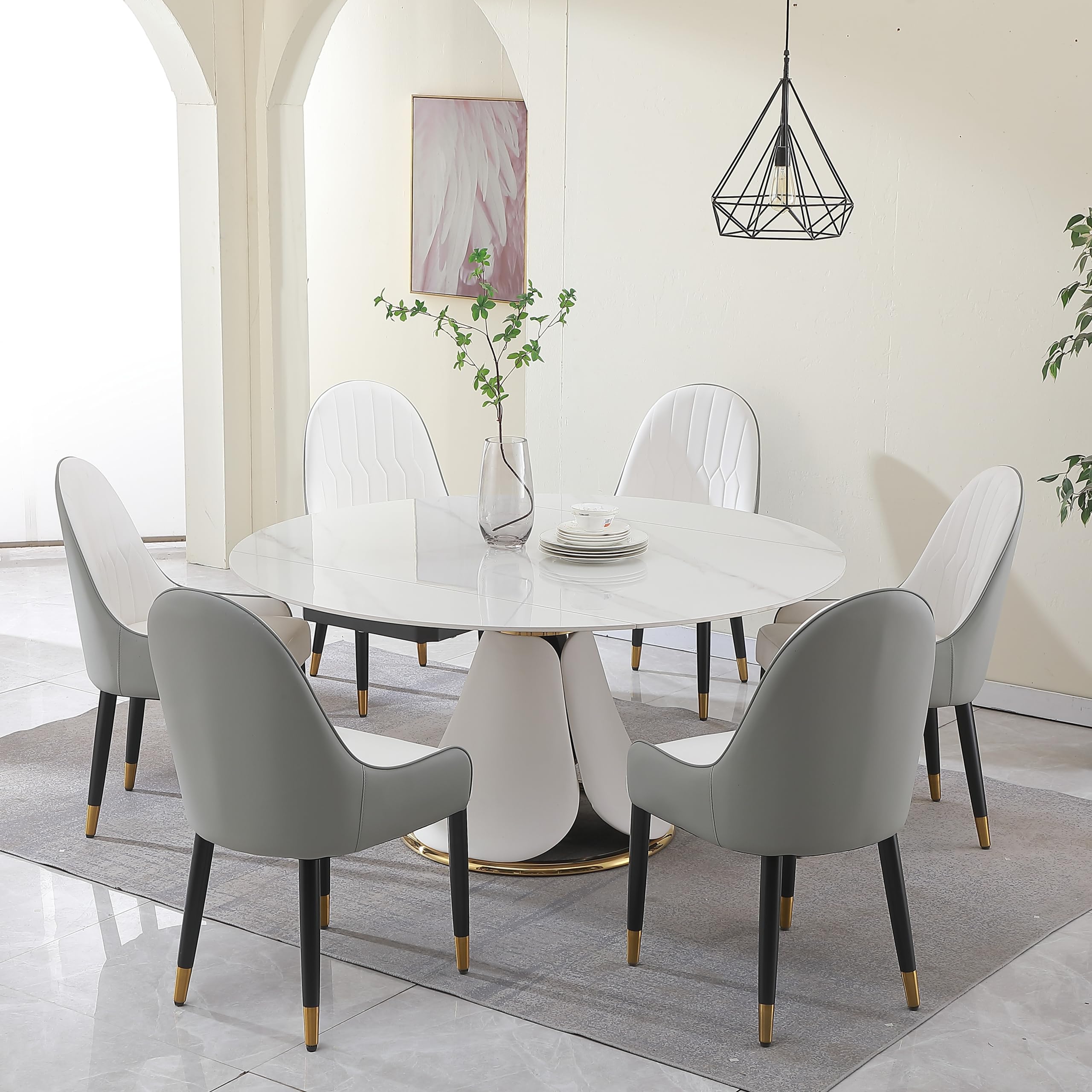 Montary 59.05" with 31.5" Round Turntable Sintered Stone Dining Table Set for 6 Gray Chairs