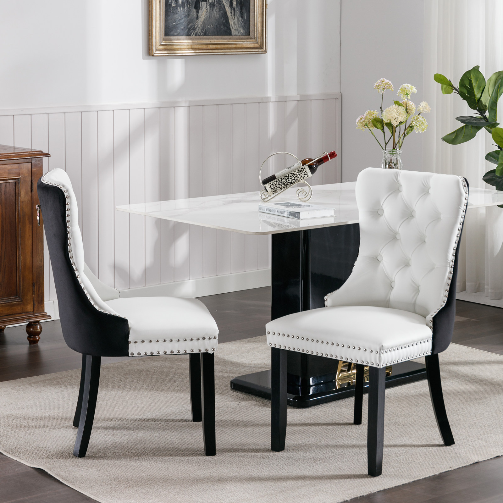 Montary Modern Tufted Solid Wood Contemporary PU and Velvet Upholstered Dining Chair with Wood Legs Nailhead Trim Set of 2