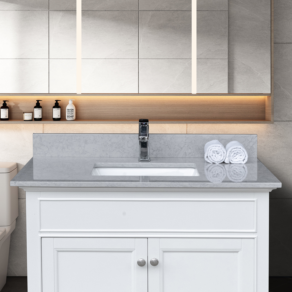 Montary® 31" Bathroom Stone Vanity Top Calacatta Gray Engineered Marble Color with Undermount Ceramic Sink and Single Faucet Hole with Backsplash