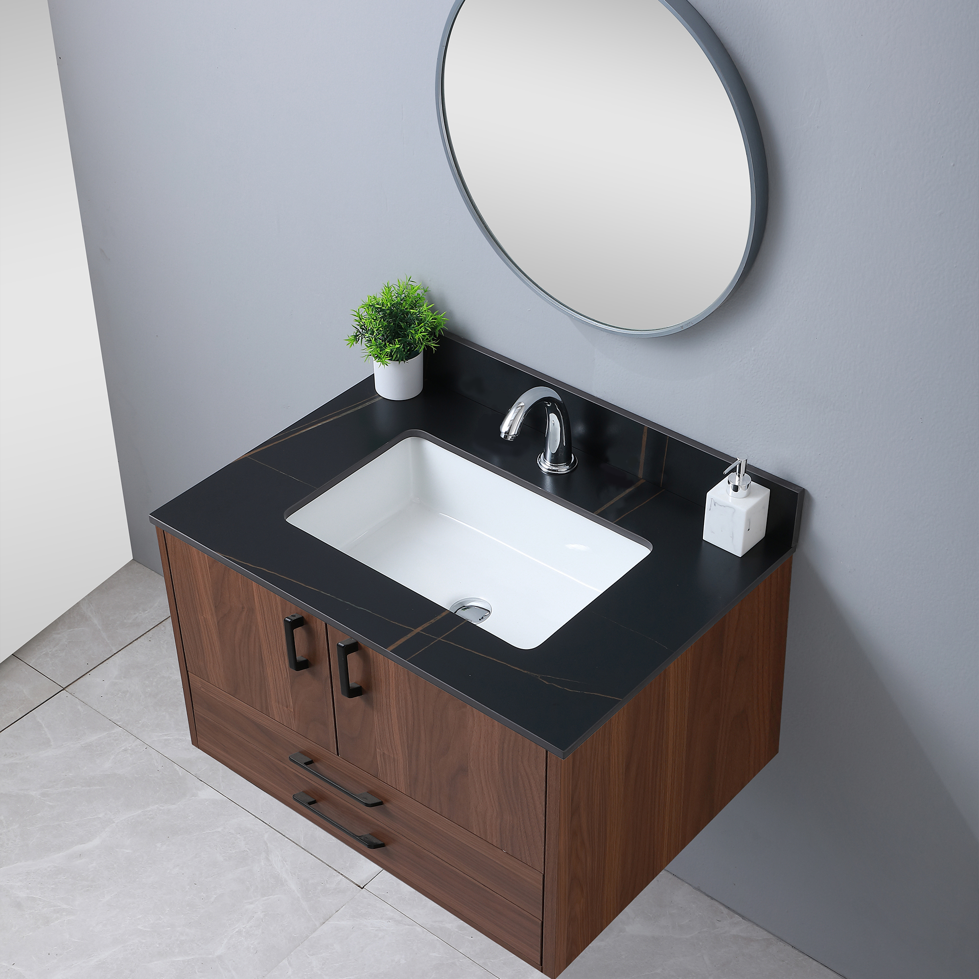 Montary 31" Sintered Stone Bathroom Vanity Top in Black Gold Color with Undermount Ceramic Sink and Single Faucet Hole with Backsplash
