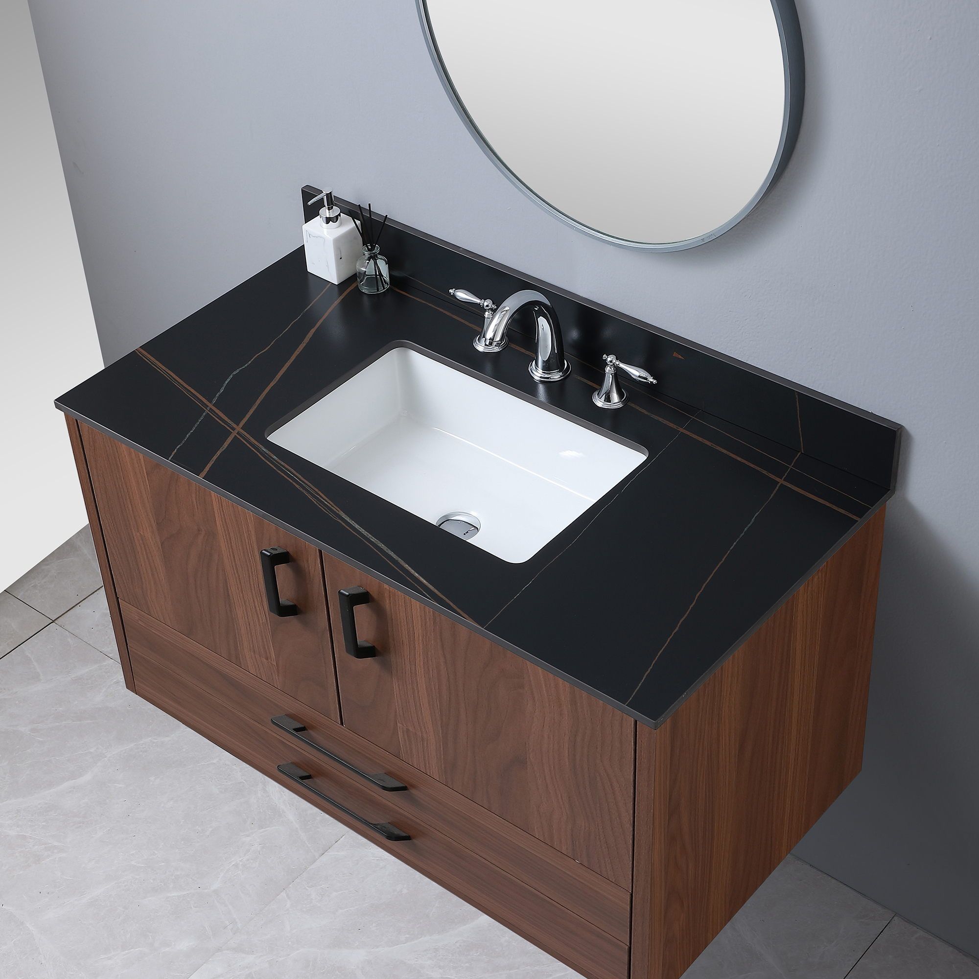Montary 43" Sintered Stone Bathroom Vanity Top in Black Gold Color with Undermount Ceramic Sink and Three Faucet Hole with Backsplash