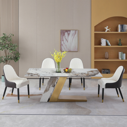 Montary® 71" Contemporary Dining Table Sintered Stone Z Shape Pedestal Base in Gold Finish with 6 PCS Chairs