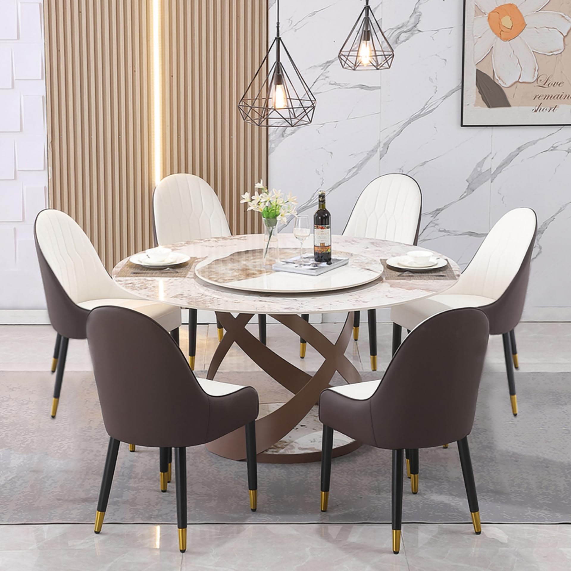 Montary 59" Pandora Sintered Stone Round Dining Table with Turntable with 6 Dining Chairs