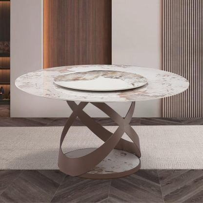 Montary 59" Pandora Sintered Stone Round Dining Table with Turntable with 6 Dining Chairs