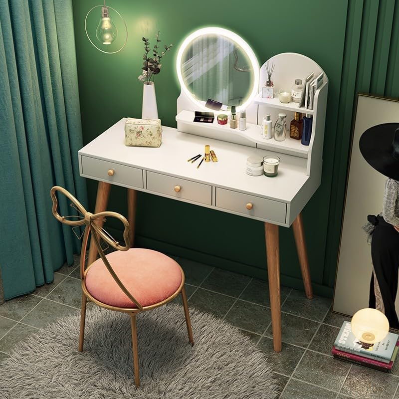 Montary Vanity Desk with Mirror and Light White Dressing Table with Makeup Vanity Mirror and 3 Color Lighting