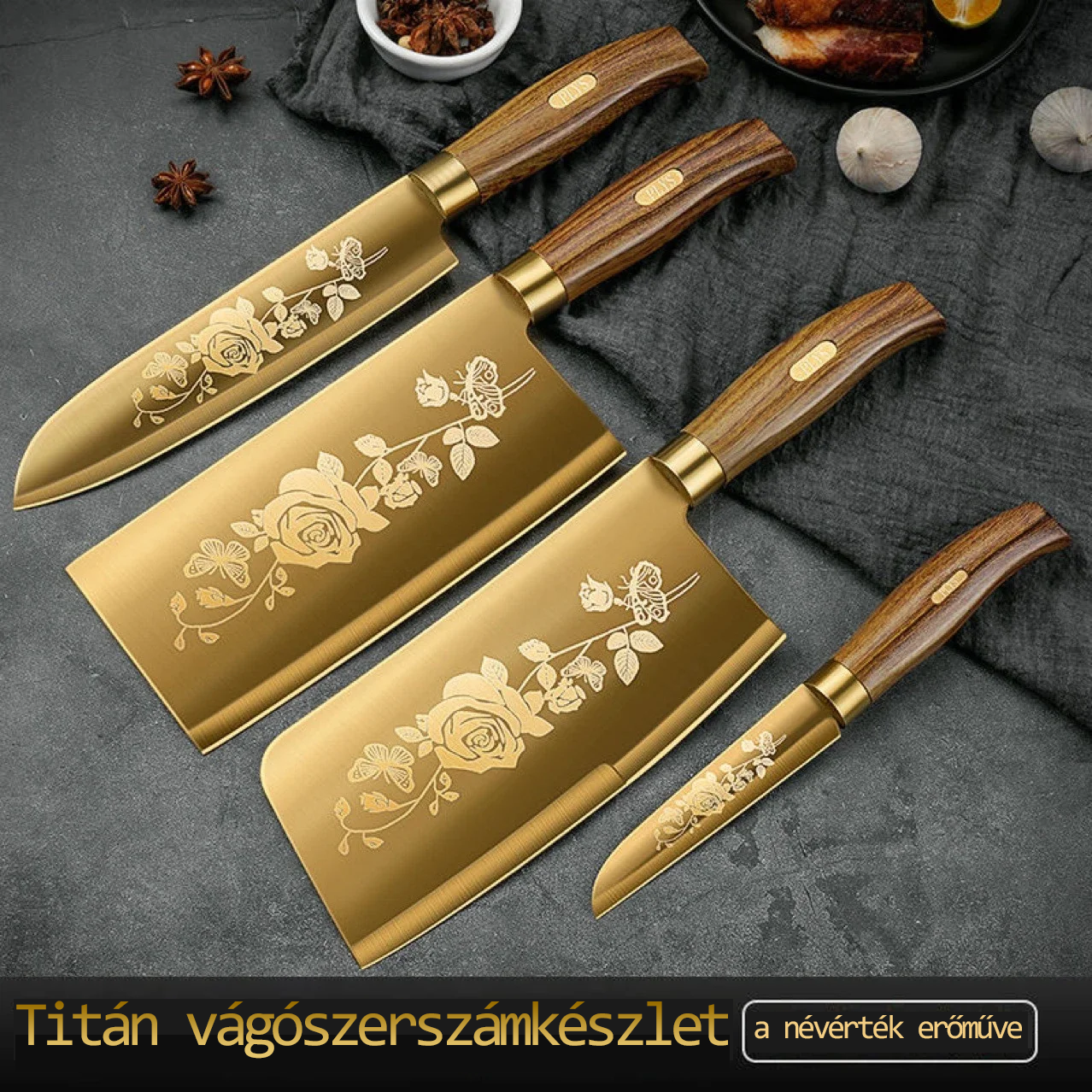 Rózsa titán arany kés, kiváló minőségű háztartási seiko rozsdamentes acél konyhakés, szeletelő kés, gyümölcskés, szakácskés