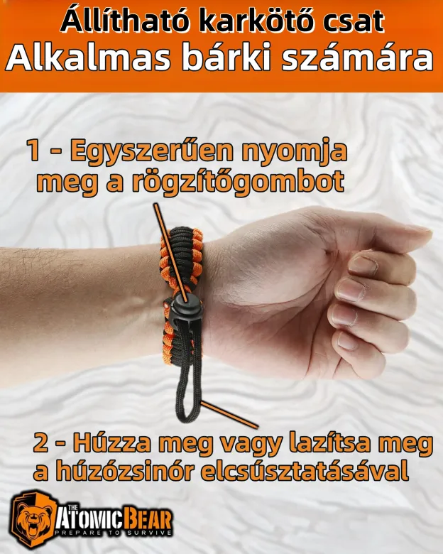 Paracord karkötő - Állítható - Öngyújtó - Erőteljes síp - Kiváló túrázáshoz, kempingezéshez, horgászathoz és vadászathoz