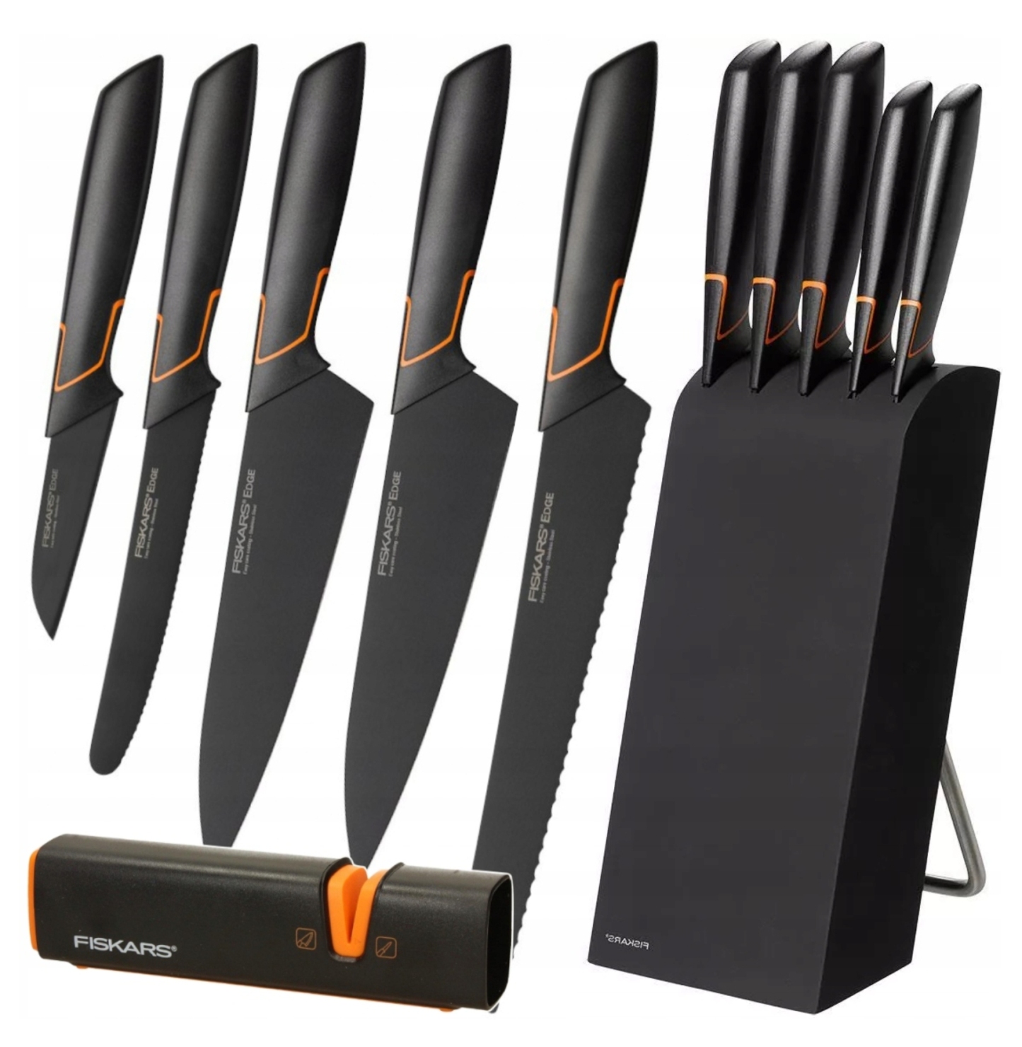 5 DB-OS KÉSKÉSZLET FISKARS EDGE BLOKKBAN, ÉLES KONYHAKÉS + ÉLEZŐ SZETT