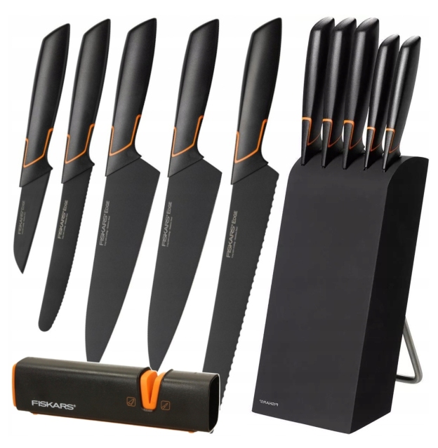 5 DB-OS KÉSKÉSZLET FISKARS EDGE BLOKKBAN, ÉLES KONYHAKÉS + ÉLEZŐ SZETT