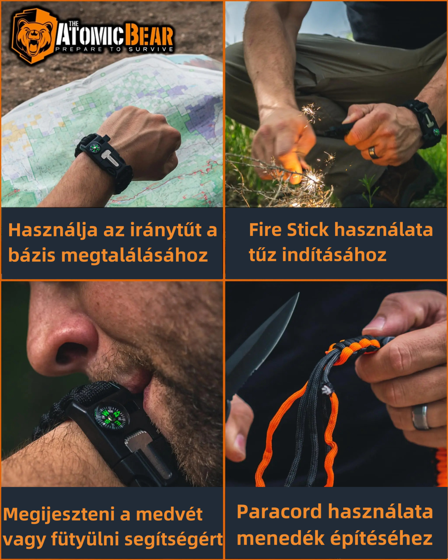 Paracord karkötő - Állítható - Öngyújtó - Erőteljes síp - Kiváló túrázáshoz, kempingezéshez, horgászathoz és vadászathoz