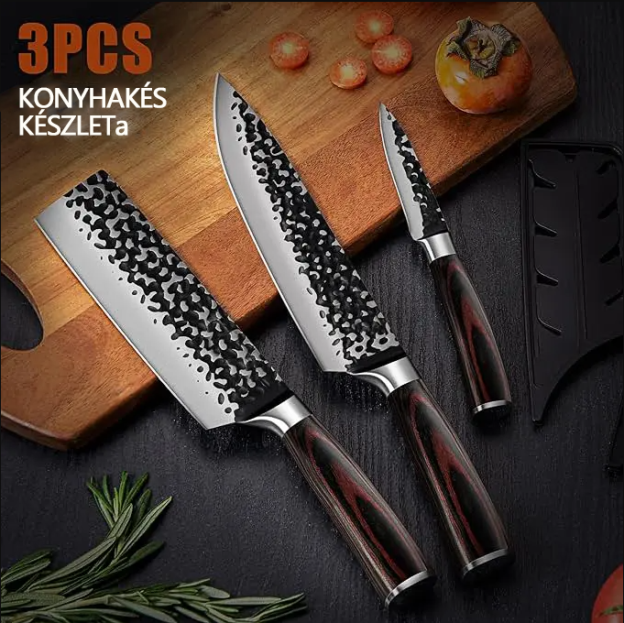 3PCS konyhakés készlet: 8" Szakács, 7„ Nakiri, 5” Hasznos kés. Kovácsolt, magas széntartalmú rozsdamentes acélból készült a kivételes élesség és tartósság érdekében, Modern főzés Vágás AjándékdobozKonyhai eszközök.